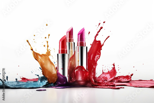 Set of colorful lipsticks with splash on white background,  professional makeup and beauty, lipgloss, AI Generative photo