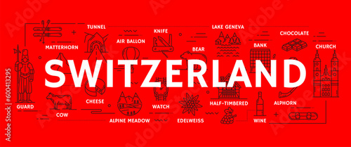Switzerland travel icons with vector line swiss mountains, cheese, chocolate and cow, knife, ski and half timbered house. Outline alphorn, watch, bank, lake Geneva and bear, hot air balloon, tunnel photo