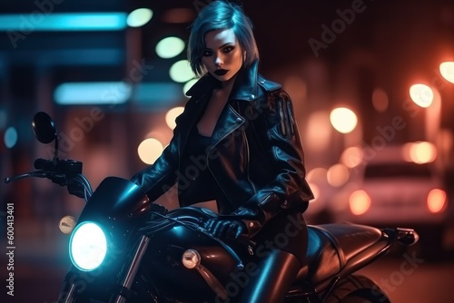 In the city at night. Gorgeous woman in cyberpunk style with bike. Beautiful illustration picture. Generative AI