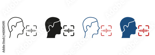 Voice ID Recognition Technology Line and Silhouette Icon Set. Identification by Voice Command Pictogram. Voice Assistant. Speak for Access Symbol Collection. Isolated Vector Illustration