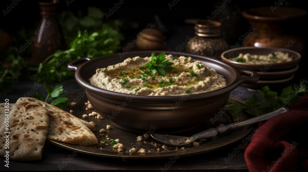 Ghanoush - Middle Eastern dip made with roasted eggplant and tahini. Generative AI Art Illustration Ghanoush - Middle Eastern dip made with roasted eggplant and tahini. Generative AI Art Illustration