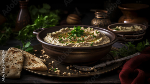 Ghanoush - Middle Eastern dip made with roasted eggplant and tahini. Generative AI Art Illustration