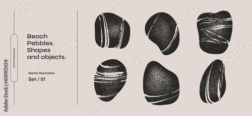 Black smooth stones of various shapes. Beach pebbles on a light background. Black objects, vector illustra􀆟on. Abstract shapes for your design.