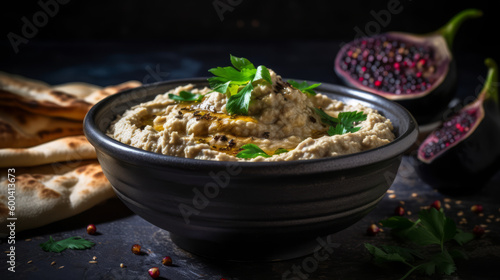 Ghanoush - Middle Eastern dip made with roasted eggplant and tahini. Generative AI Art Illustration