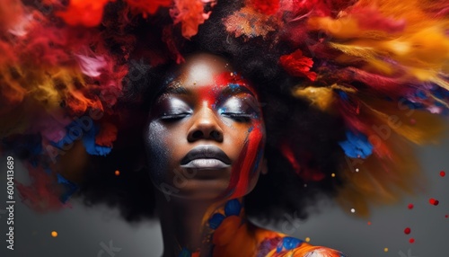 African american woman. Striking low-key image, radiant colors, portrait. Beautiful illustration picture. Generative AI