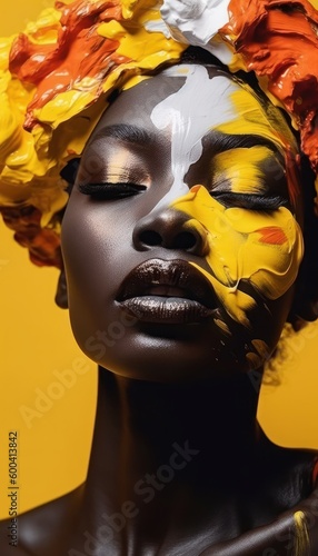 Golden colored paint on the face of woman. Striking low-key image, radiant colors, portrait. Beautiful illustration picture. Generative AI © standret