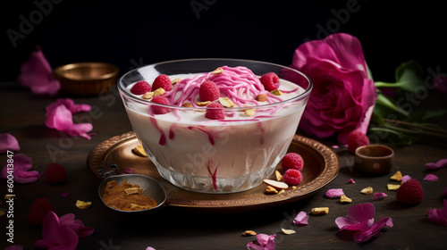 Falooda - Indian dessert with noodles, milk, and rose syrup. Generative AI Art Illustration