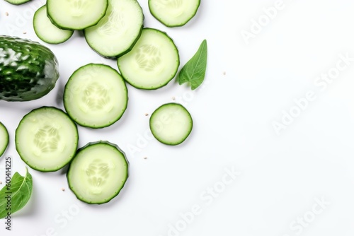 Sliced cucumber is on white background. Beautiful illustration picture. Generative AI