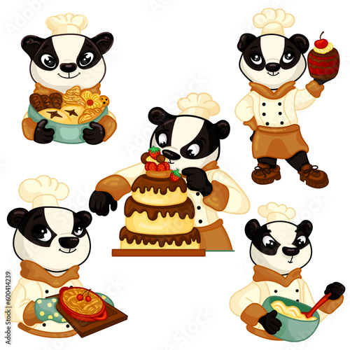 Cute character pastry chef and collection of cakes, sweets, cookies hand-drawn in vector and isolated on a white background. Collection of hand-drawn confectionery element