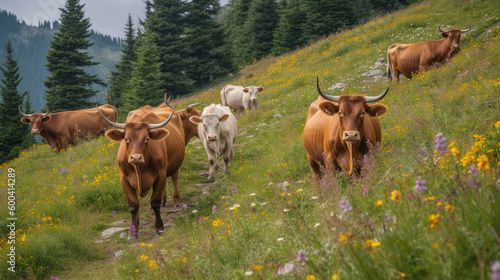 Alpine Serenity  Cows Grazing on Wildflower Meadow. Generative AI