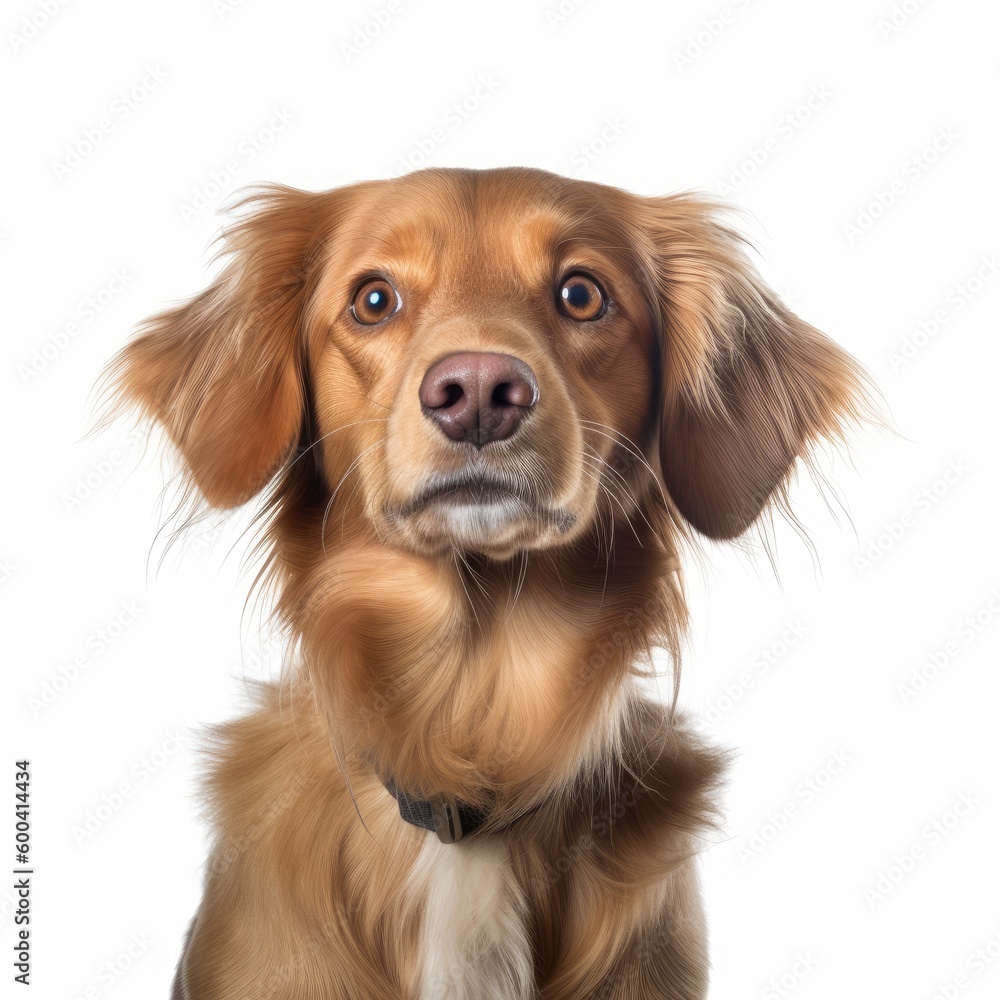 Portrait of a dog in front of a white background. Created with Generative AI tools