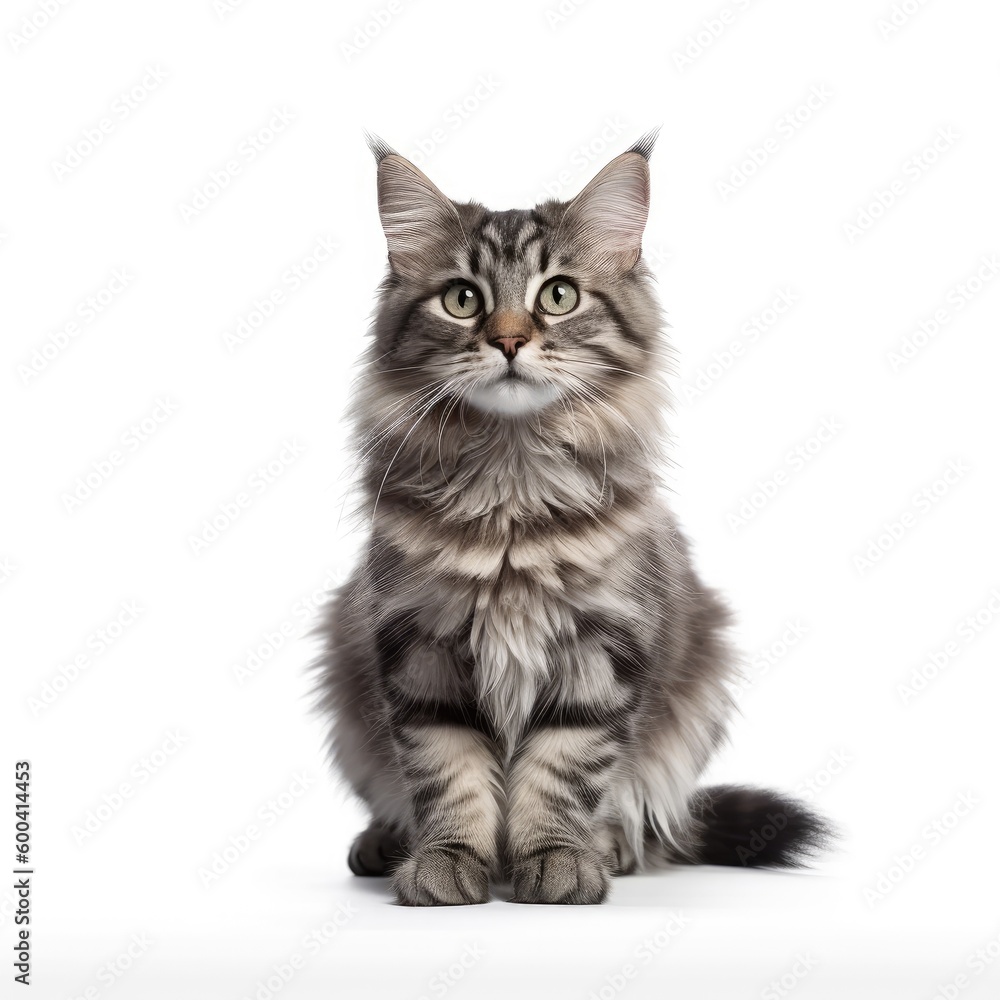 Grey cat sitting on white background. Created with Generative AI tools