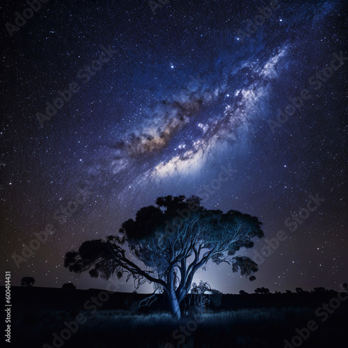 silhouette of tree and milky way in the night sky. generated AI.