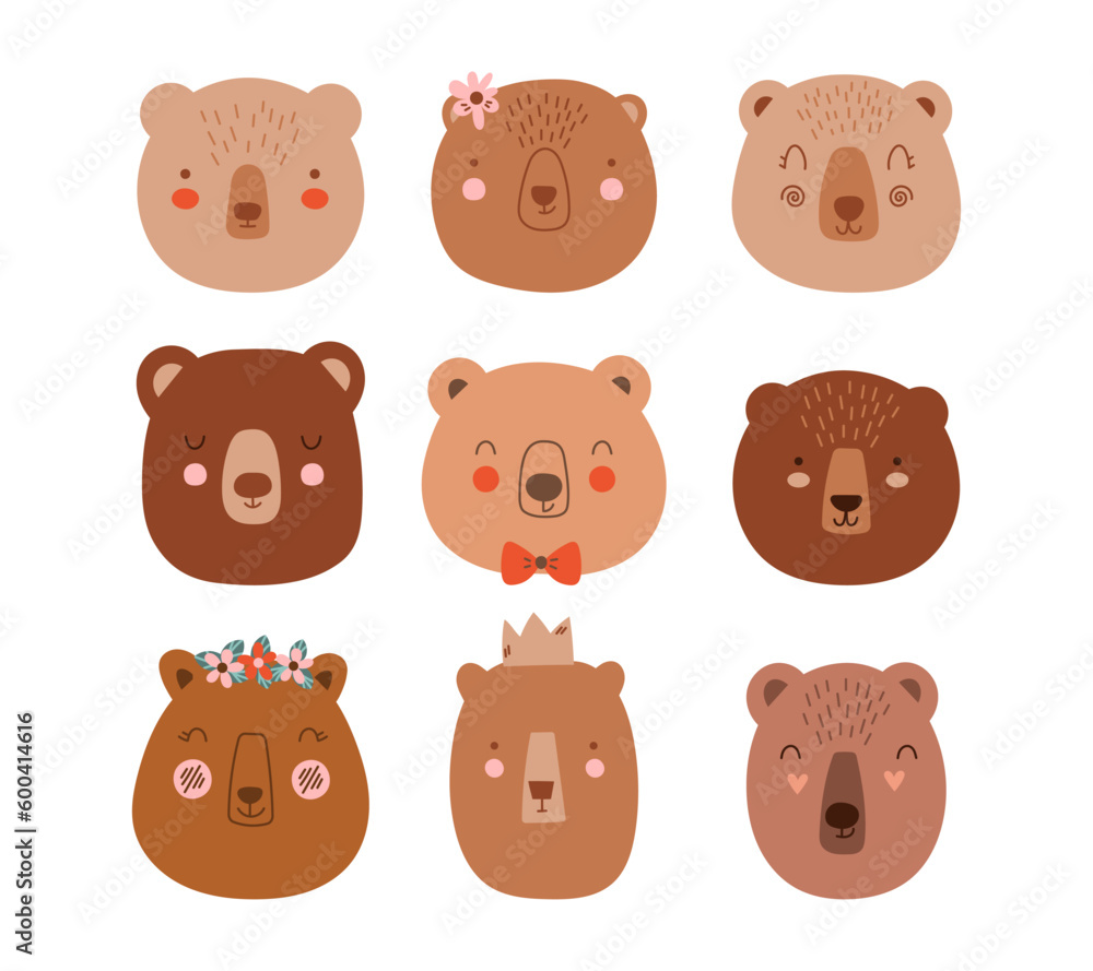 Set Cute Bears. Scandinavian faces Bear. Element for print, postcard and poster. Vector illustration Set Cute Bears. Scandinavian faces Bear. Element for print, postcard and poster. Vector illustration