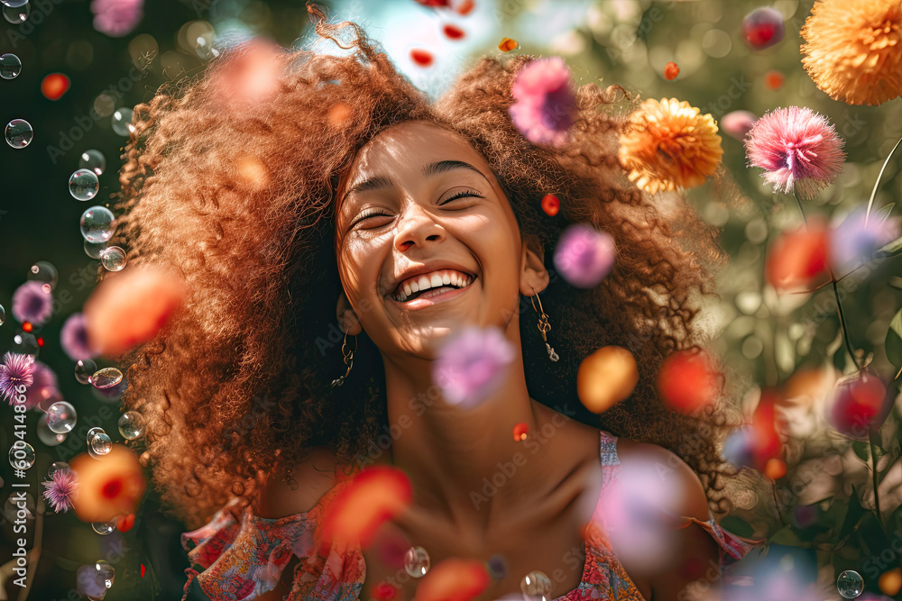 Portrait of a woman with curly brown hair smiling with colourful flowers around. Generative Ai.