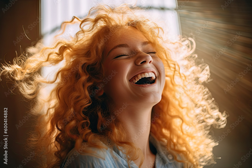 Portrait of a woman with golden curly red hair with head back and smiling. Generative Ai. Portrait of a woman with golden curly red hair with head back and smiling. Generative Ai.