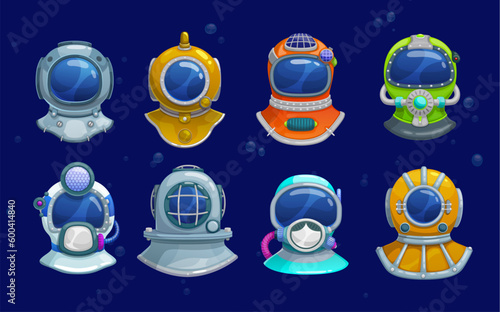 Cartoon diver helmets of deep sea scuba diving suit equipment. Vector vintage underwater helmets with color breathing masks, face plates, air ducts and exhaust valves on blue background with bubbles