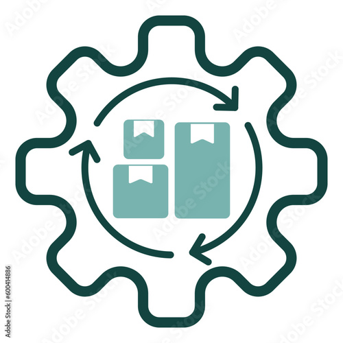 Carton boxes inside gearwheel with three cyclic arrows. Simple blue vector icon