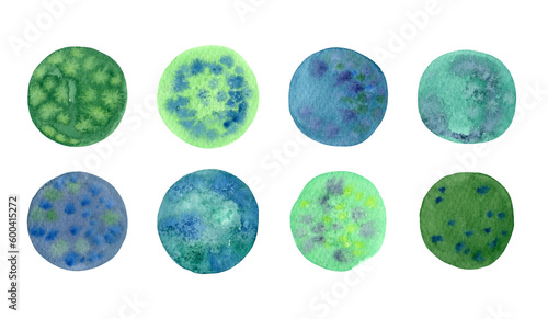 Watercolor blue green circles set. Hand drawn colorful watercolor paint design elements. Circles isolated on background.	