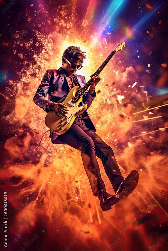 Abstract guitarist playing with colourful and dynamic energy, Generative AI, 