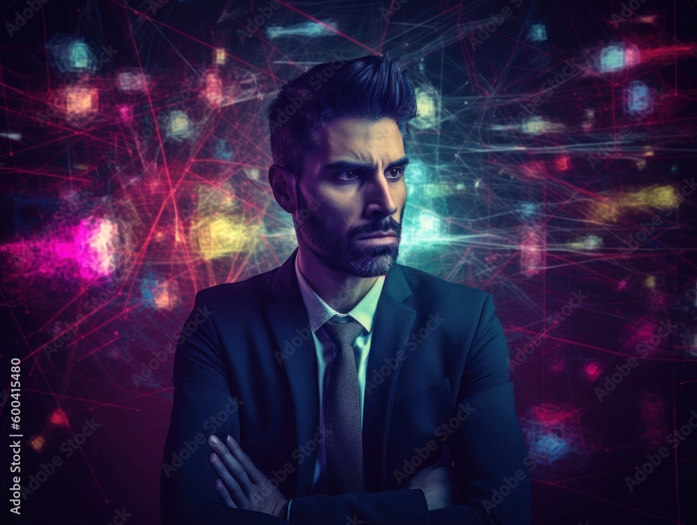 Stress at work. A portrait of a stressed business man surrounded by screens and technology. Generative AI
