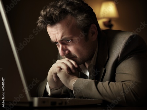 Stress at work. A candid shot of a stressed business man hunched over his computer. Generative AI