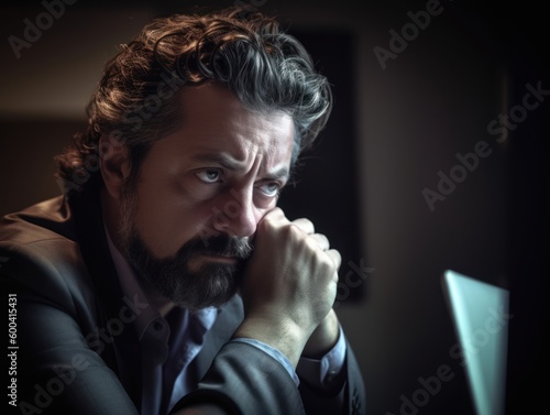 Stress at work. A candid shot of a stressed business man hunched over his computer. Generative AI
