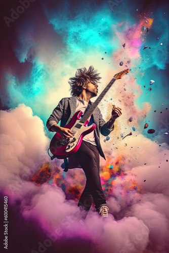 Abstract guitarist playing with colourful and dynamic energy, Generative AI, 