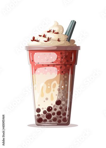 Strawberry bubble tea with tapioca and cream. Vector illustration. Drink, cafe menu, tasty food, asian kitchen concept.