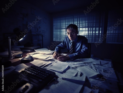 Stress at work. Photo of a stressed business man sitting at his desk. Generative AI © Matyfiz