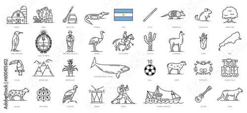 Argentina line icons, Argentine travel symbols and tourism landmarks, vector culture, food and tradition. Argentina flag and map outline icons, wine and mate tea, soccer and Argentinian tango