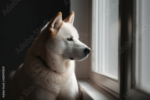Akita dog waiting for his owner near the window, Generative AI © Natalya