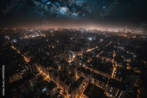 Enchanting city lights and celestial stars viewed from above. Generative AI
