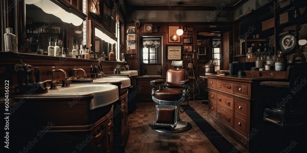 A vintage-style barber shop interior, with an antique barber chair and classic grooming tools, concept of Traditional craftmanship, created with Generative AI technology