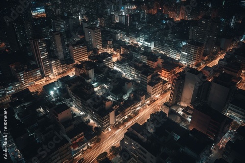 Bird s-eye view of a modern city with tilt-shift effect at night. Generative AI