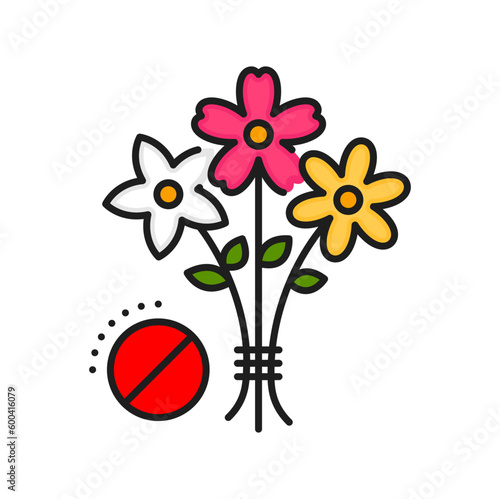 Flowers pollen allergy color line icon. Seasonal respiratory allergy or breathing problem line vector pictogram. Plant pollen intolerance or restriction caution outline symbol with meadow flowers