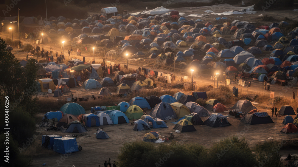 Refugee camp, multitude of tents sheltering displaced individuals due to loss of homes from climate change, generative ai - obrazy, fototapety, plakaty 