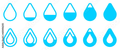 Water drop level icon set. From zero to full