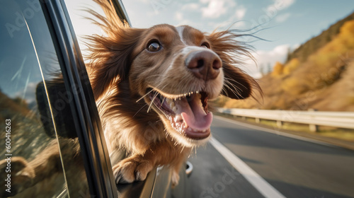 Puppy enjoys its first car ride, peeking head out the window with fur blowing in the wind, generative ai © ArgitopIA