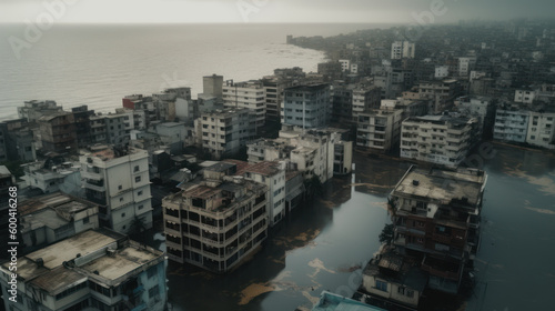 Abandoned city submerged in water due to rising sea levels from global warming, generative ai