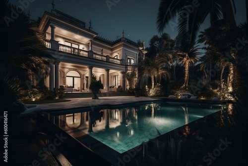 Exquisite villa with a night time pool and opulent interior. Generative AI © Balthazar