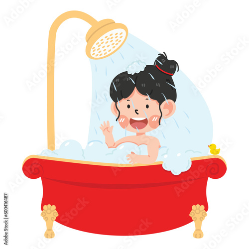 Kid girl take a bath in bathtub