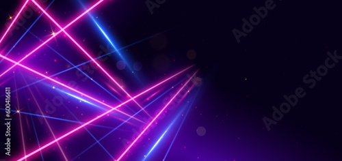 Abstract blue and pink neon diagonal glowing on dark blue background with lighting effect and sparkle.