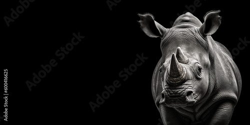 Black and white photorealistic studio portrait of an African Rhino on black background. Generative AI illustration