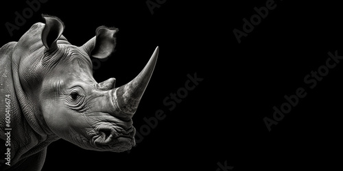 Black and white photorealistic studio portrait of an African Rhino on black background. Generative AI illustration