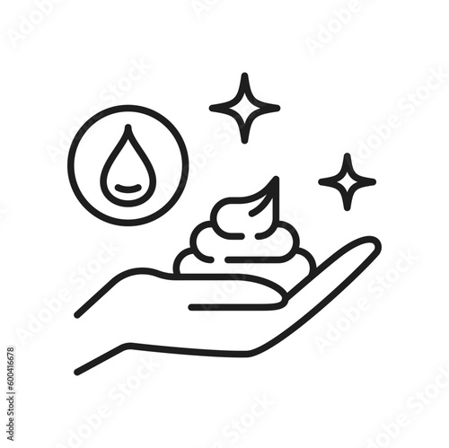 Foam and hand icon, liquid soap and hands washing or hygiene, line vector. Moisturizing cream, shaving gel or soap foam with water drop, face skin and hand care or body wash linear icon