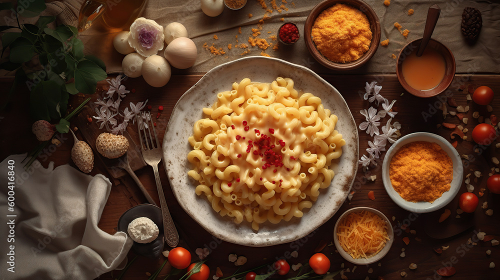 Mac and cheese, macaroni pasta in cheesy sauce - American style, top view, ai illustration 