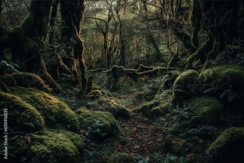 Enchanting woods covered in moss. Generative AI