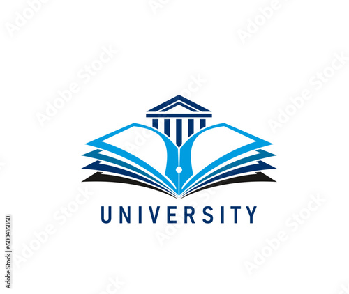 University education book icon. Library dictionary, textbook vector symbol of open book with blue paper pages, vintage fountain pen nib and university library building with pillars or columns