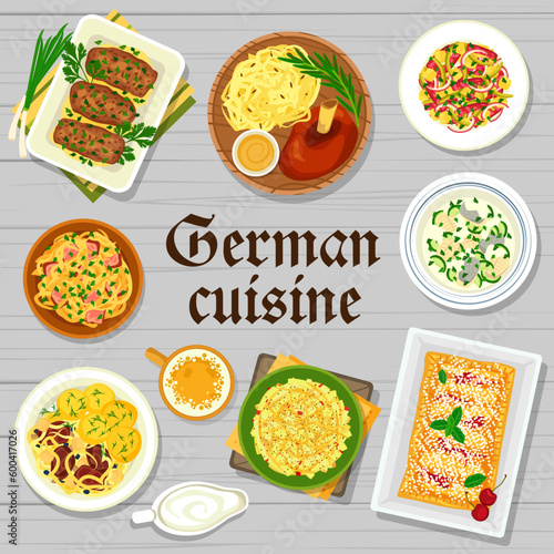 German cuisine restaurant menu cover design. Pork ribs with boiled potatoes, cherry strudel and mushroom rolls, cheese and vegetable sausage salad, roasted ham hock and fish Eintopf, Sauerkraut stew